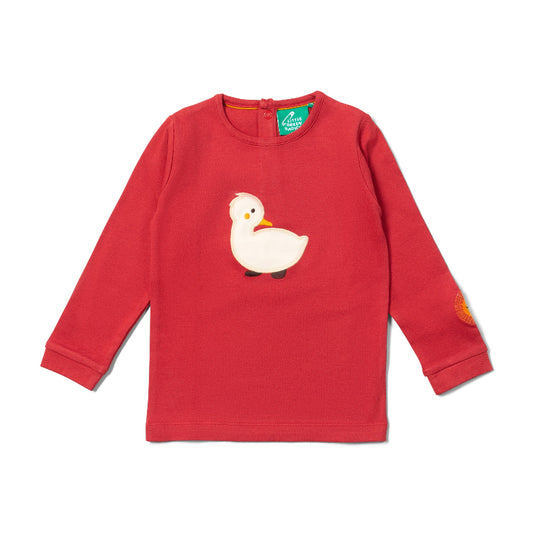 Red long-sleeve shirt with a duck design on a white background