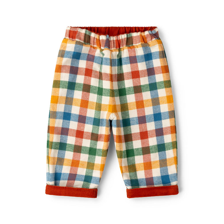 A pair of toddler's elastic-waist plaid pants with rolled cuffs, featuring a multicolor checkered pattern of blue, green, orange, red, and white on a light pink background.