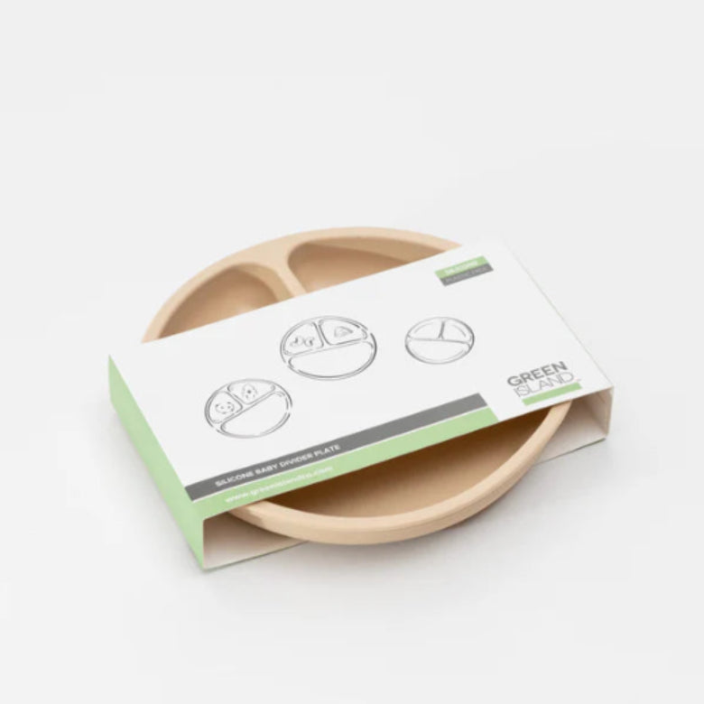 Wooden plate with packaging on a white background