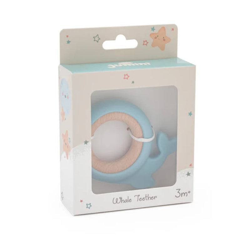 Whale-shaped teether in a decorative packaging box on a white background
