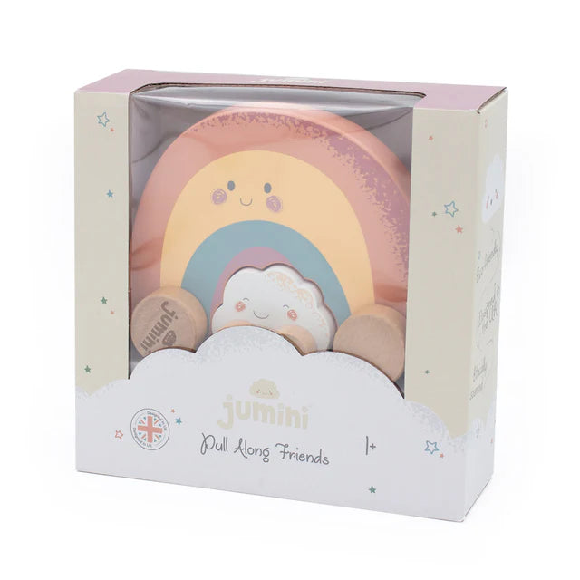 Pastel-colored rainbow toy with cloud design in a Jumini packaging on a white background