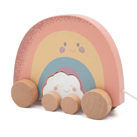 Colorful rainbow-shaped toy with wheels on a white background