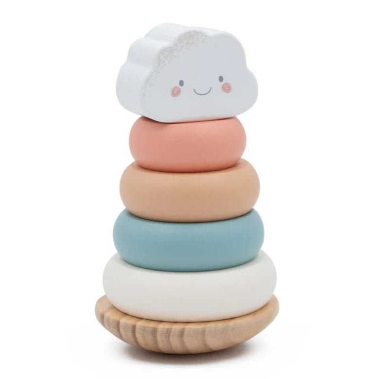 Stack of colorful wooden rings with a cloud-shaped top on a white background
