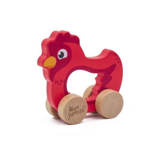 Red rooster-shaped toy with wooden wheels on a white background