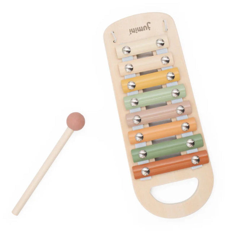 Wooden xylophone toy with colorful bars and a mallet on a white background
