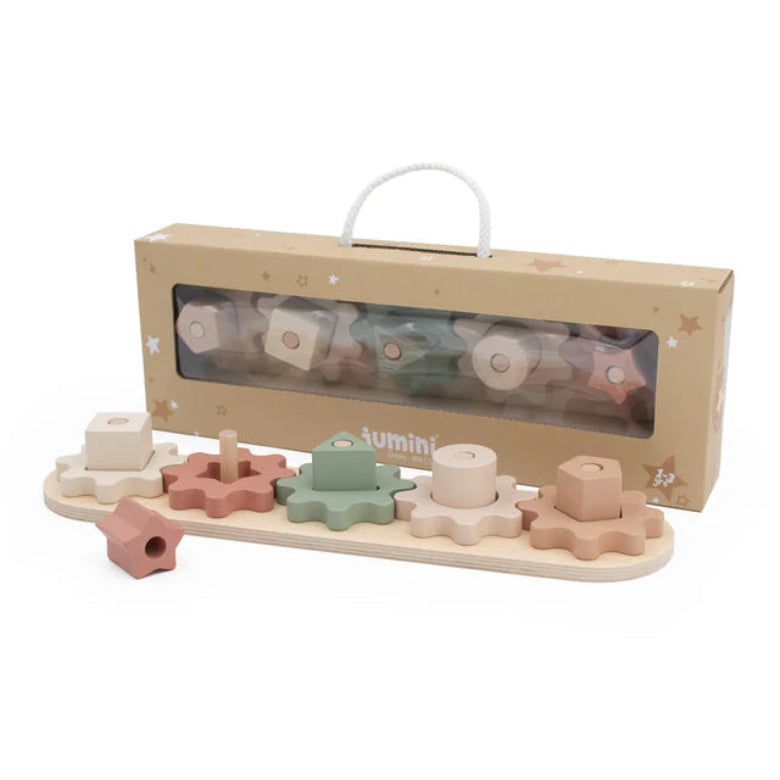 Wooden shape sorting toy with pastel colors in a transparent box on a white background