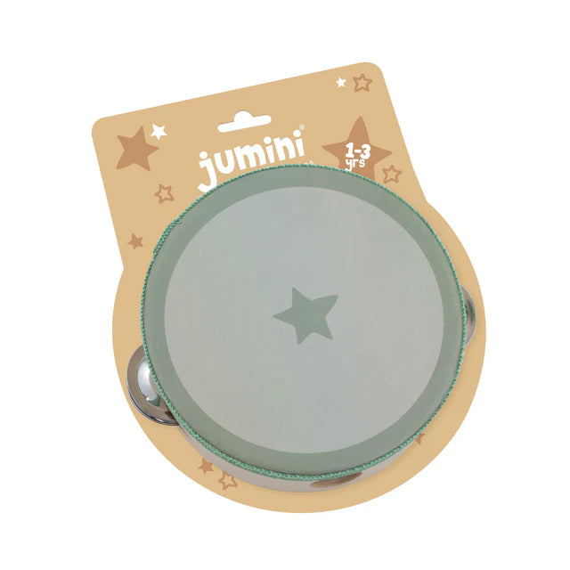 Green tambourine with star design on a beige packaging featuring 'jumini' branding.