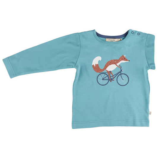 Blue long-sleeve shirt with a fox riding a bicycle design on a white background