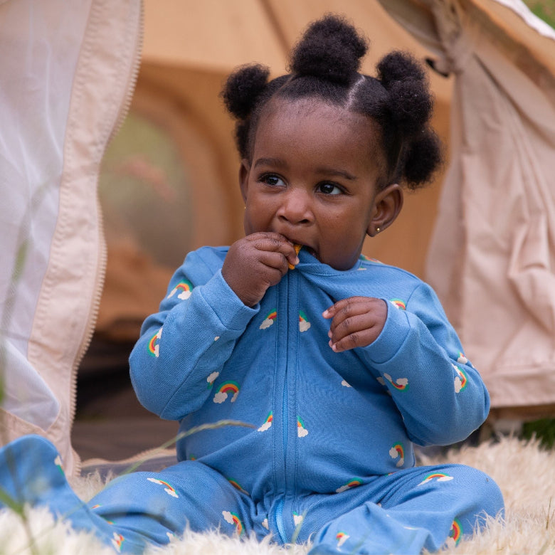 Blue Rainbows Zip Babygrow by Little Green Radicals