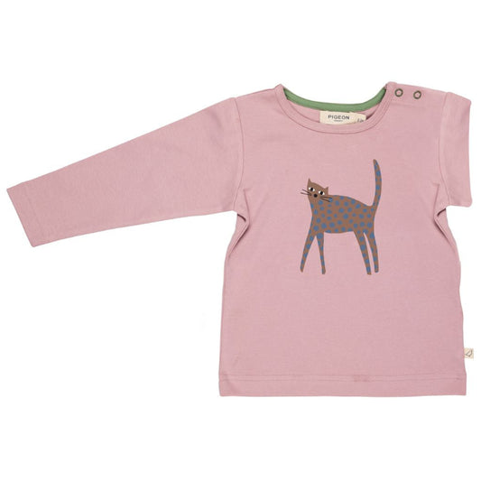 Pink long-sleeve shirt with a cat design on a white background