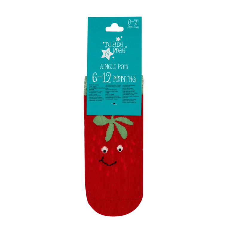 A single red strawberry sock on a teal cardboard hanger card, featuring a cute embroidered face and green leafy top. The brand name 'Pleco Paws' is visible on the packaging.