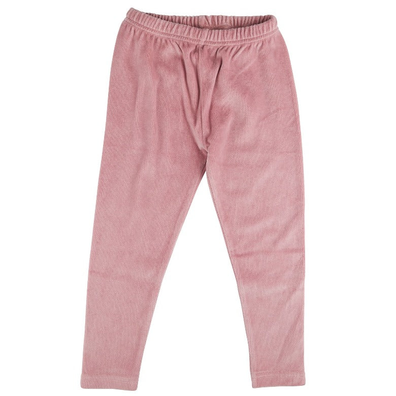 A pair of pink velour leggings with a drawstring waistband, displayed against a white background.