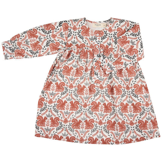 Dress with red squirrel pattern on a white background