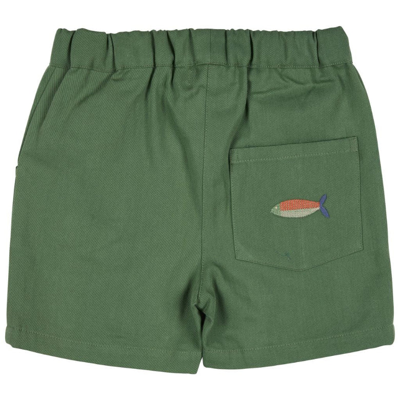Green shorts with a fish patch on a white background