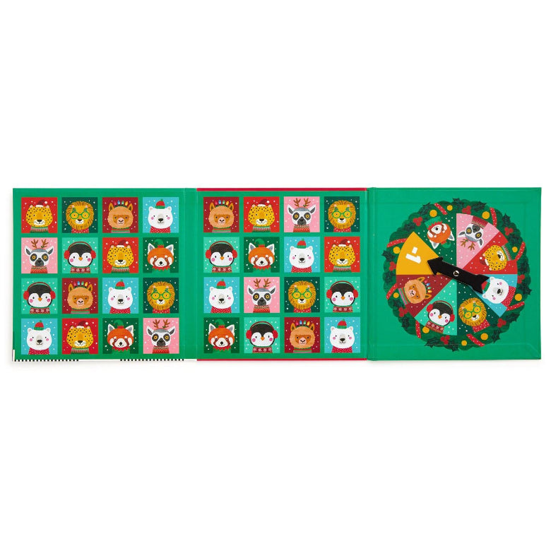 A festive Christmas-themed animal guessing game board with a green background, featuring 12 animal faces in holiday costumes arranged in a grid, and a circular wheel on the right side showing color-coded sections.