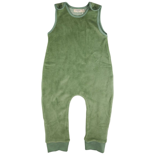 Green baby romper with straps on a white background