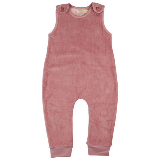 Pink baby romper with button details on a white background