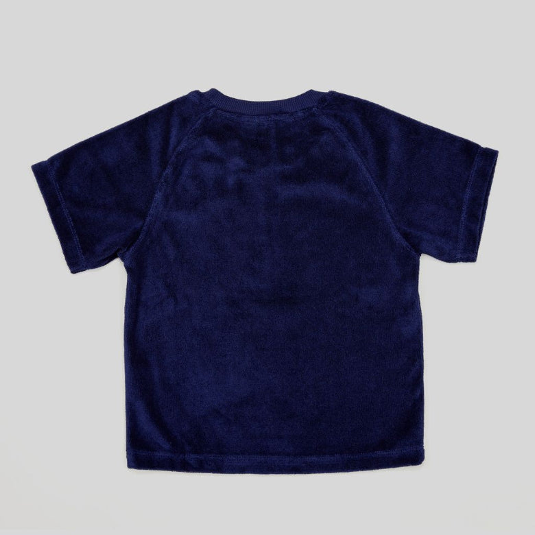 Navy blue t-shirt on a light gray background