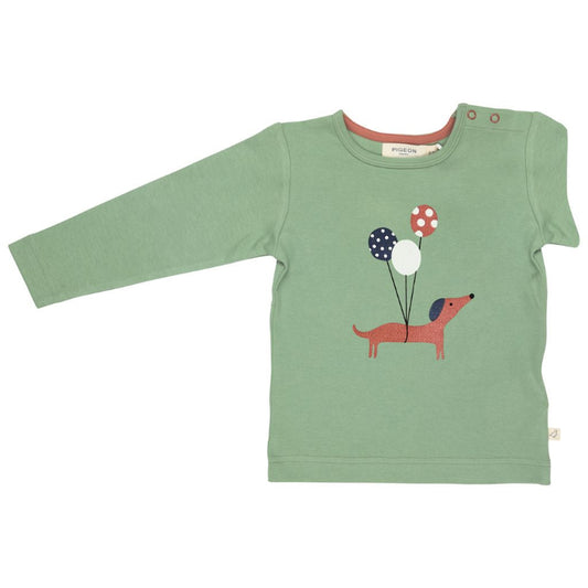 Green long-sleeve shirt with a dog and balloons design on a white background