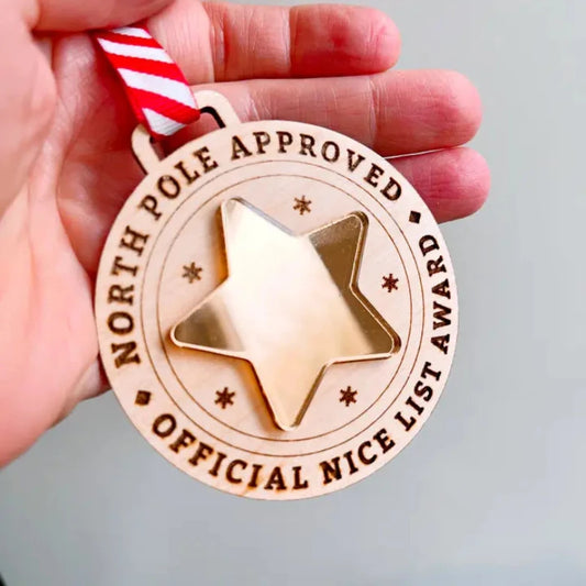 Santas Nice List Wooden Award Medal by Cotton Head Monkeys