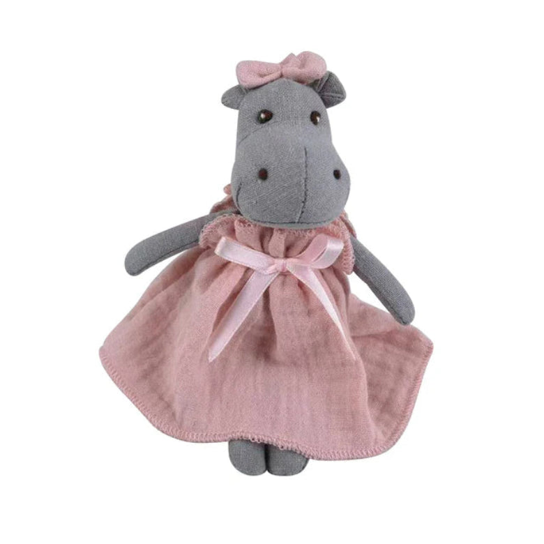 Stuffed animal toy with a pink dress on a white background