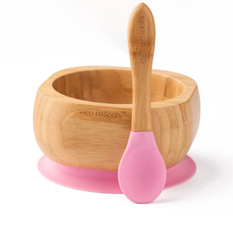 Pink Bamboo Suction Bowl and Spoon Set by Eco Rascals