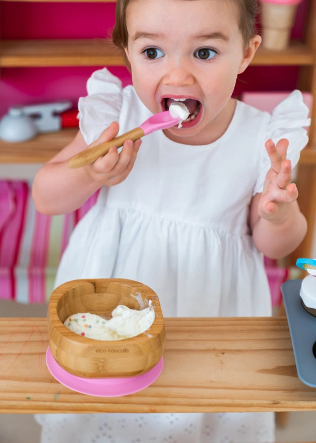 Pink Bamboo Suction Bowl and Spoon Set by Eco Rascals