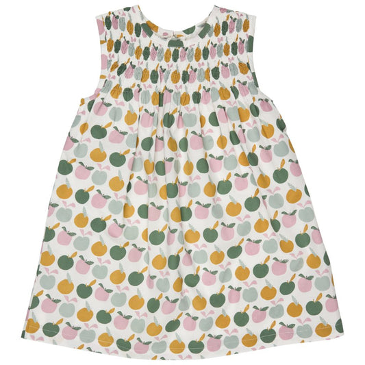 Children's dress with fruit pattern on a white background