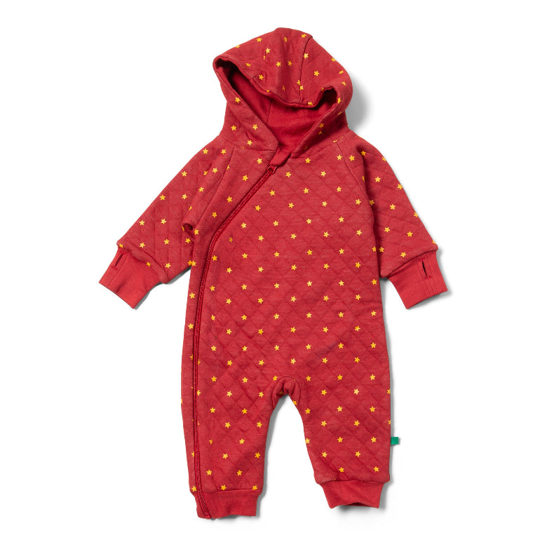 Red baby onesie with yellow star pattern on a white background