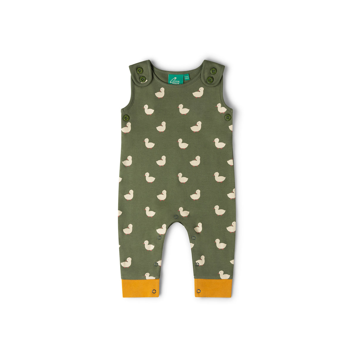 An olive green sleeveless baby romper with a repeating cream duck print and mustard yellow cuffs, shown flat on a white background.