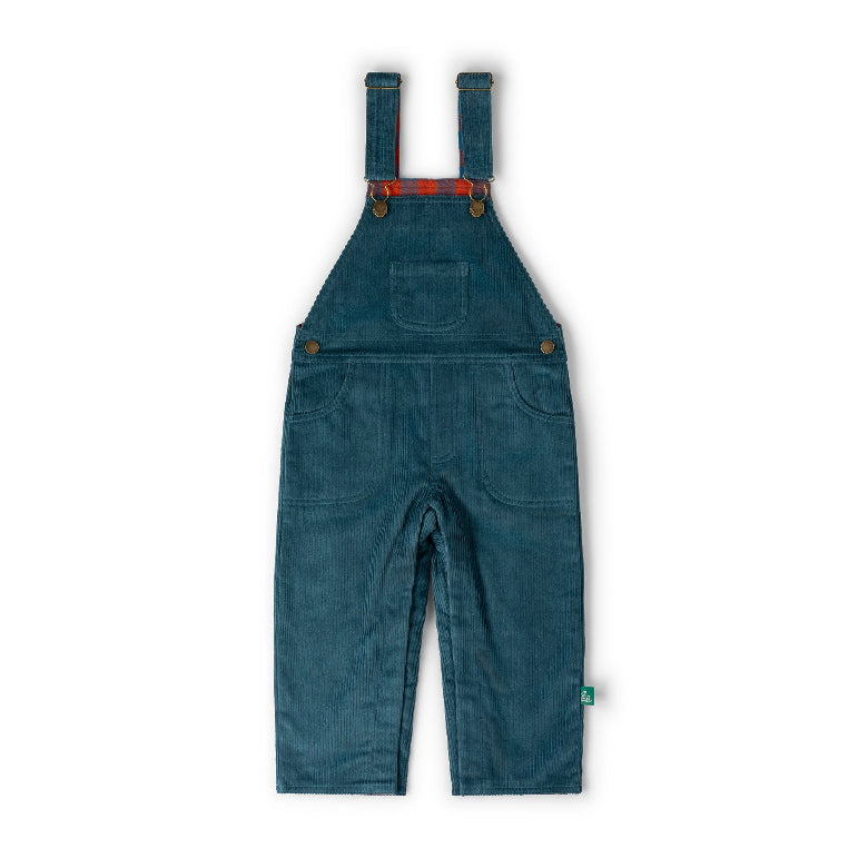 A pair of toddler corduroy bib overalls in a muted teal-blue color, featuring adjustable shoulder straps, a front patch pocket, and brass-tone snap buttons, shown flat on a white background.