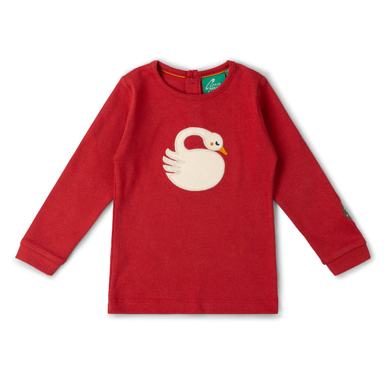 A red long-sleeve crewneck sweatshirt for children, featuring a large white swan applique on the chest with a small yellow beak.