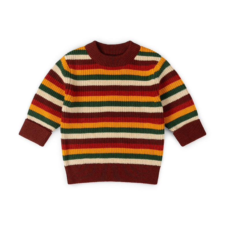 A long-sleeve knit sweater with horizontal stripes in dark brown, red, yellow, green, and cream, featuring a solid dark brown crew neck, cuffs, and hem.