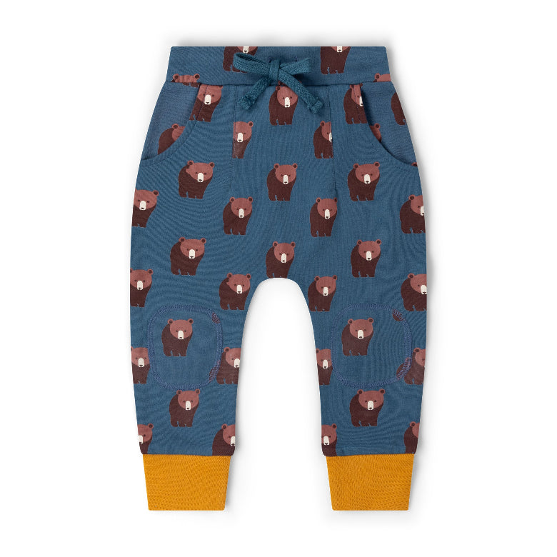 A pair of toddler jogger pants in slate blue, featuring an all-over print of brown bears, with a matching blue drawstring waist and contrasting mustard yellow cuffs at the ankles.