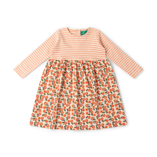 A toddler girl's long-sleeve dress with a peach and white striped bodice and a white skirt featuring an orange and green floral print, laid flat on a white background.