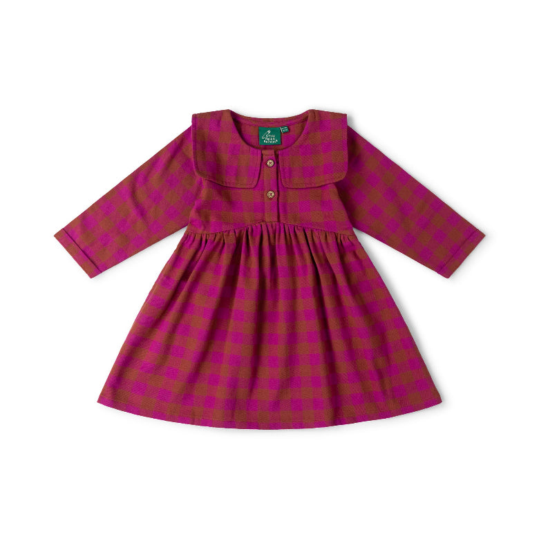 A long-sleeve baby dress with a magenta and olive green plaid pattern, featuring a wide collar and a three-button placket, shown flat on a white background.