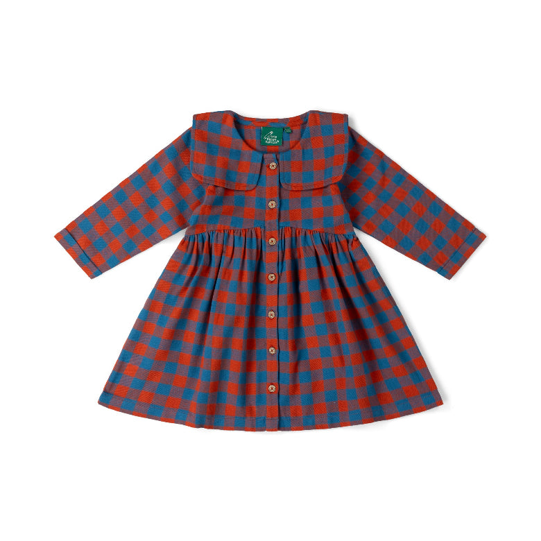 Red and blue checkered dress with a collar on a light pink background
