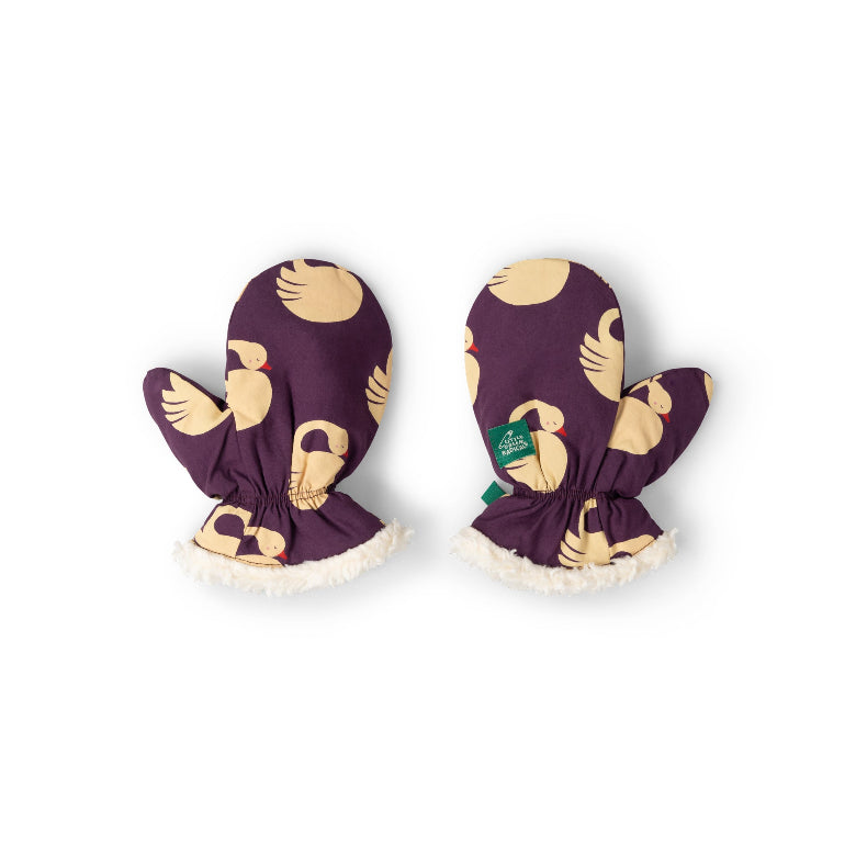 A pair of purple baby mittens with a beige duck print and white faux fur trim, displayed on a clean white background.