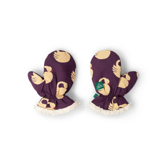 A pair of purple baby mittens with a beige duck print and white faux fur trim, displayed on a clean white background.