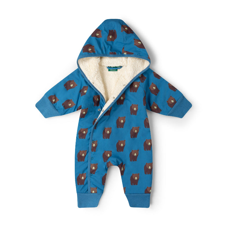 A baby hooded one-piece sleeper in blue with a brown bison print and a cream sherpa lining, shown flat on a white background.