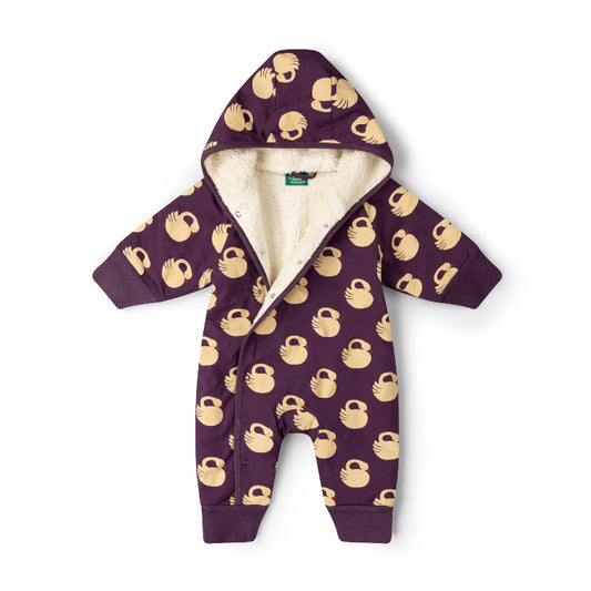A baby hooded one-piece romper in deep purple with a beige and gold monkey print, featuring a soft cream fleece lining and snap closures.