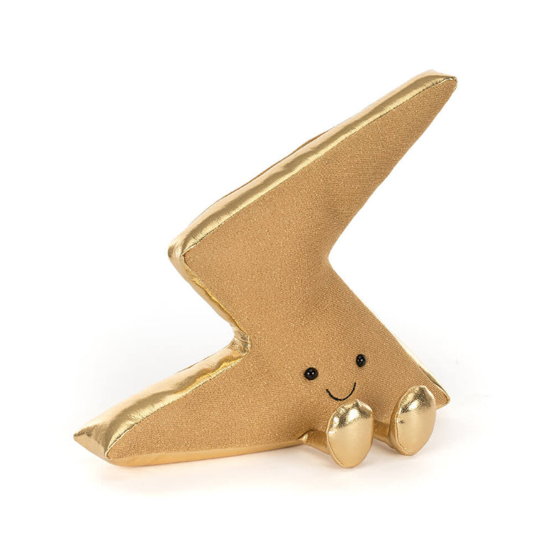 Gold lightning bolt-shaped figurine with a smiling face on a white background
