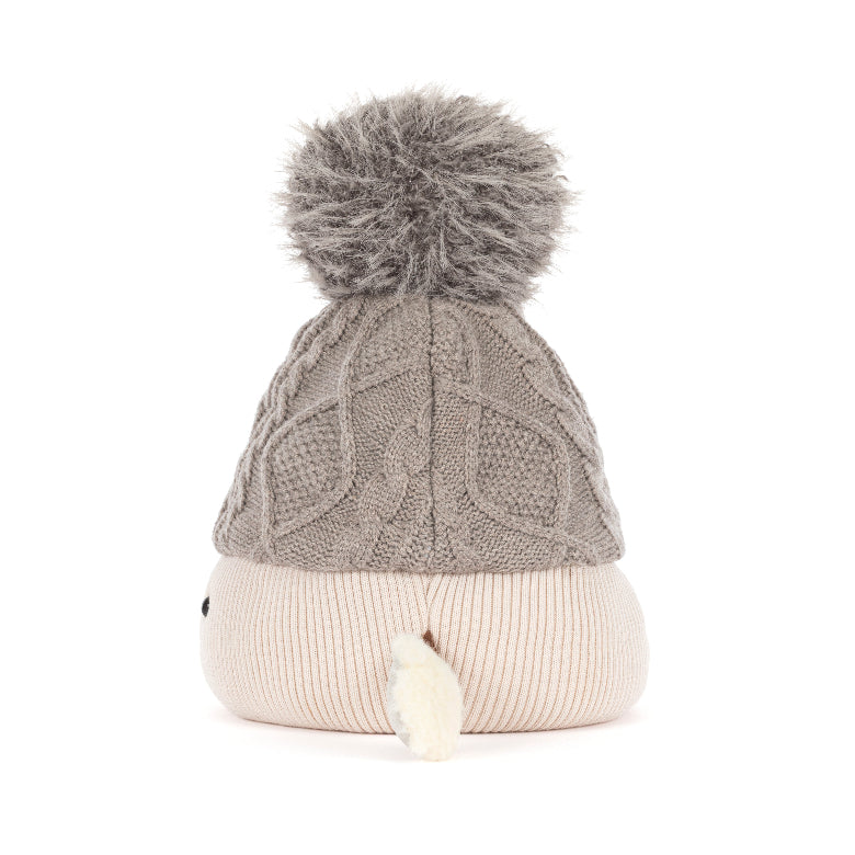 A baby knit pom-pom beanie hat shown from the back, featuring a textured gray cable-knit top section with a fluffy gray pom-pom, and a soft cream ribbed bottom section with a small white pom-pom accent.