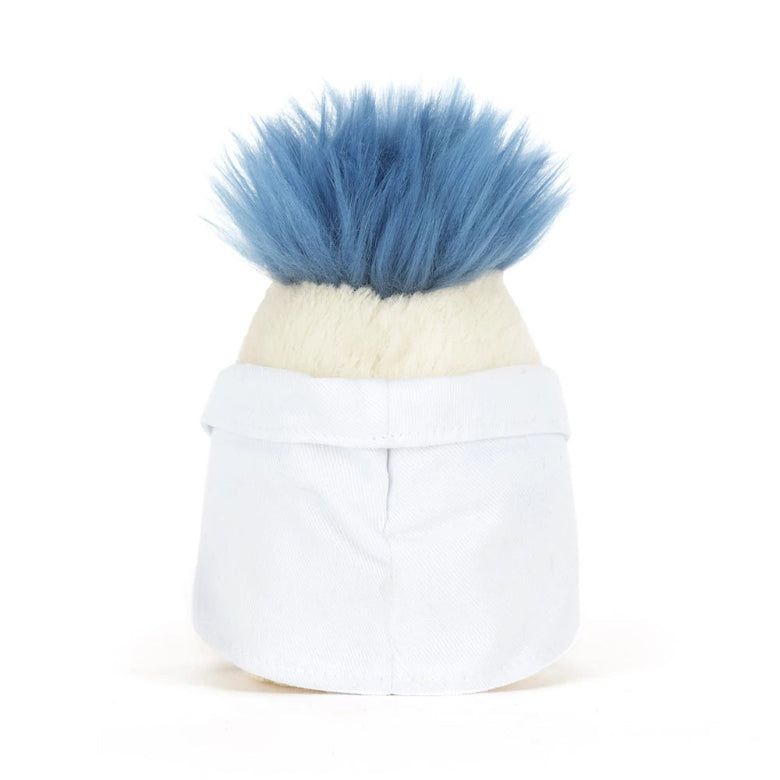 Small plush toy with blue fur on a white background