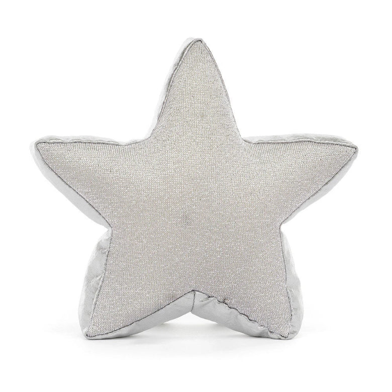 A star-shaped decorative throw pillow in a textured silver-gray fabric, shown against a plain white background.