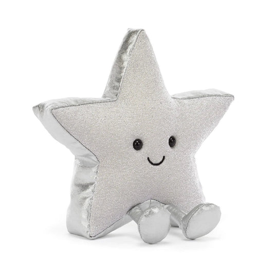 A silver glittery star-shaped plush toy with a smiling embroidered face and small feet, photographed on a clean white background.