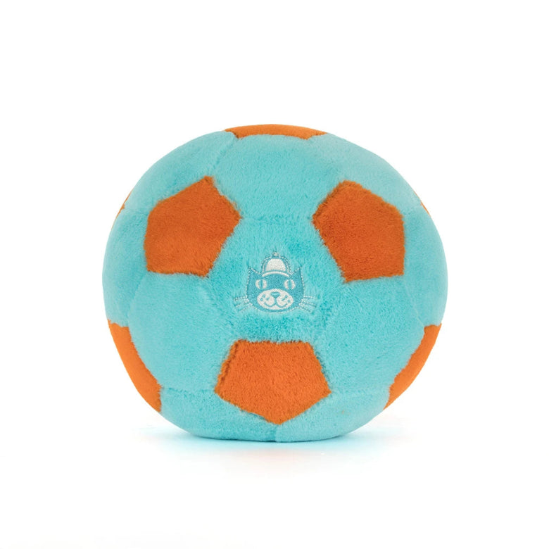 Plush toy resembling a soccer ball with orange panels on a white background