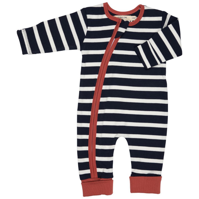 A baby long-sleeve footless one-piece sleeper with navy and white horizontal stripes, accented by a red zipper, red collar trim, and red foot cuffs, shown on a plain white background.
