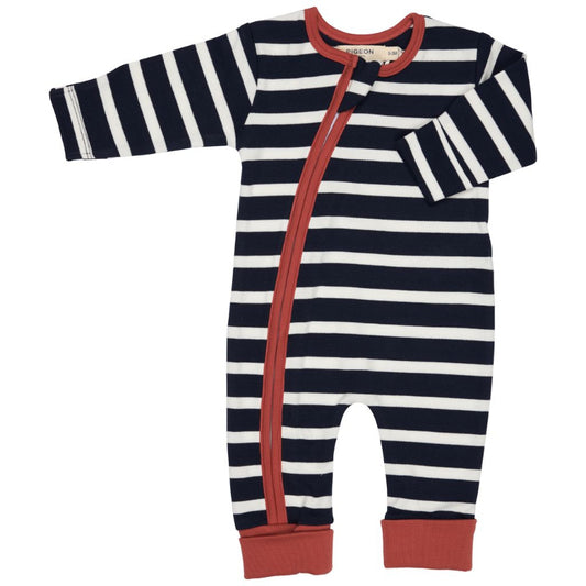 A baby long-sleeve footless one-piece sleeper with navy and white horizontal stripes, accented by a red zipper, red collar trim, and red foot cuffs, shown on a plain white background.