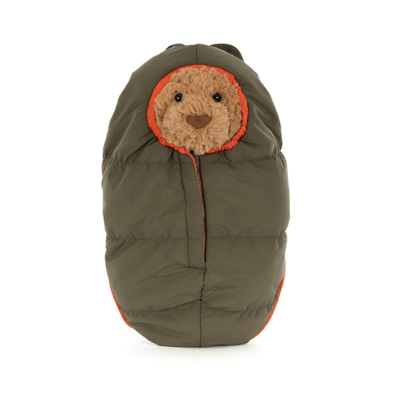 Green baby sleeping bag with bear face on a white background
